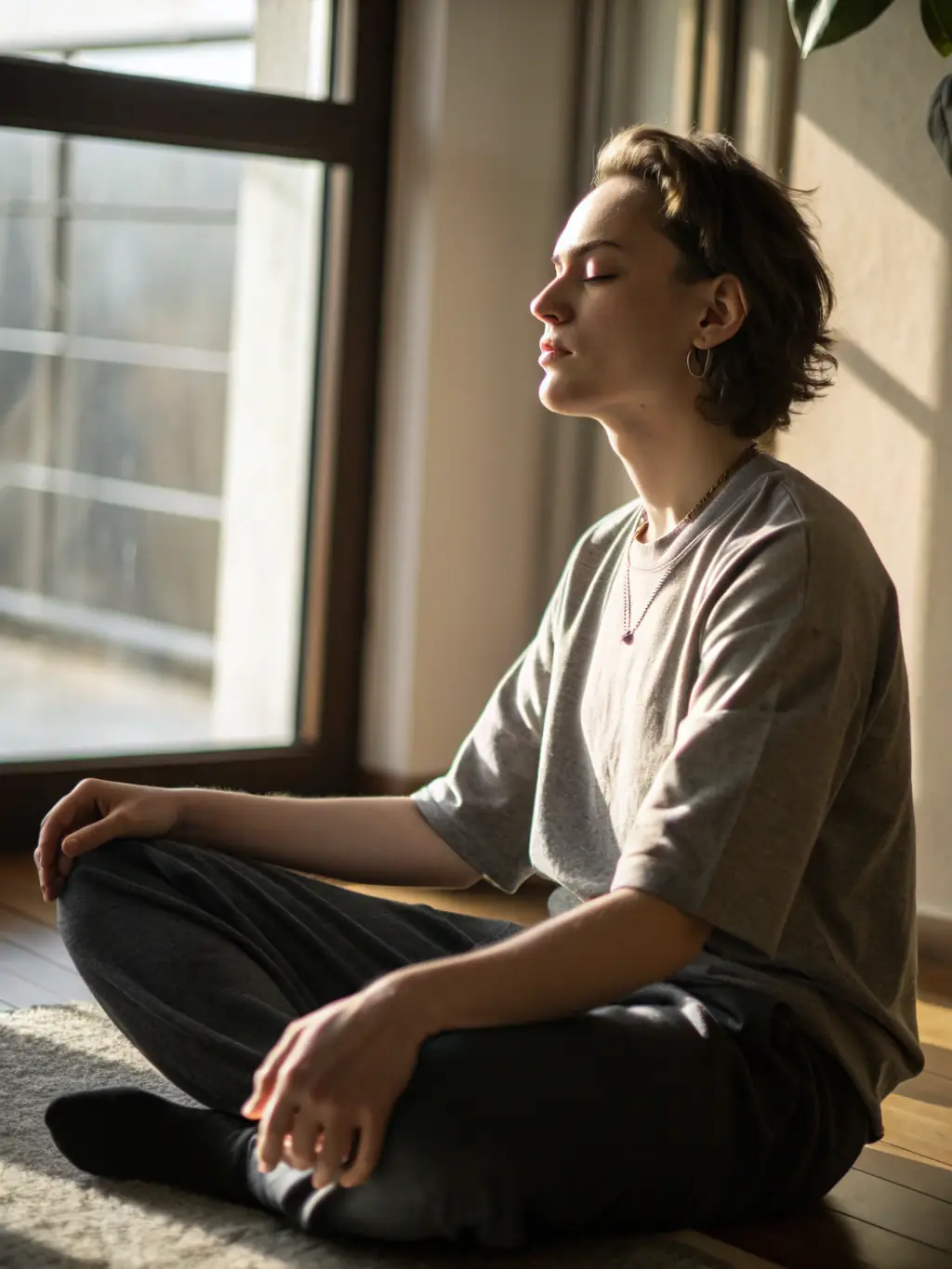 A balanced composition showing a person meditating with soft, diffused light, emphasizing mindfulness and the journey towards inner peace and emotional well-being.