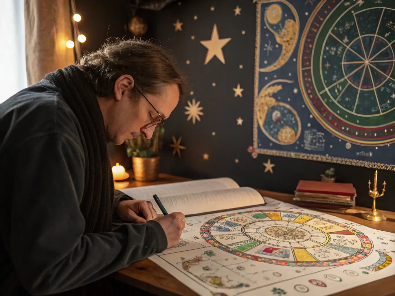 A serene image depicting a Bazi chart with traditional Chinese characters, symbolizing destiny analysis and life path guidance, set in a calming, natural environment.