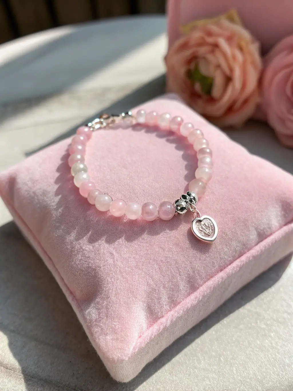Image of a rose quartz bracelet with delicate, heart-shaped beads, displayed on a silk cloth to emphasize its gentle pink color and association with love and compassion.