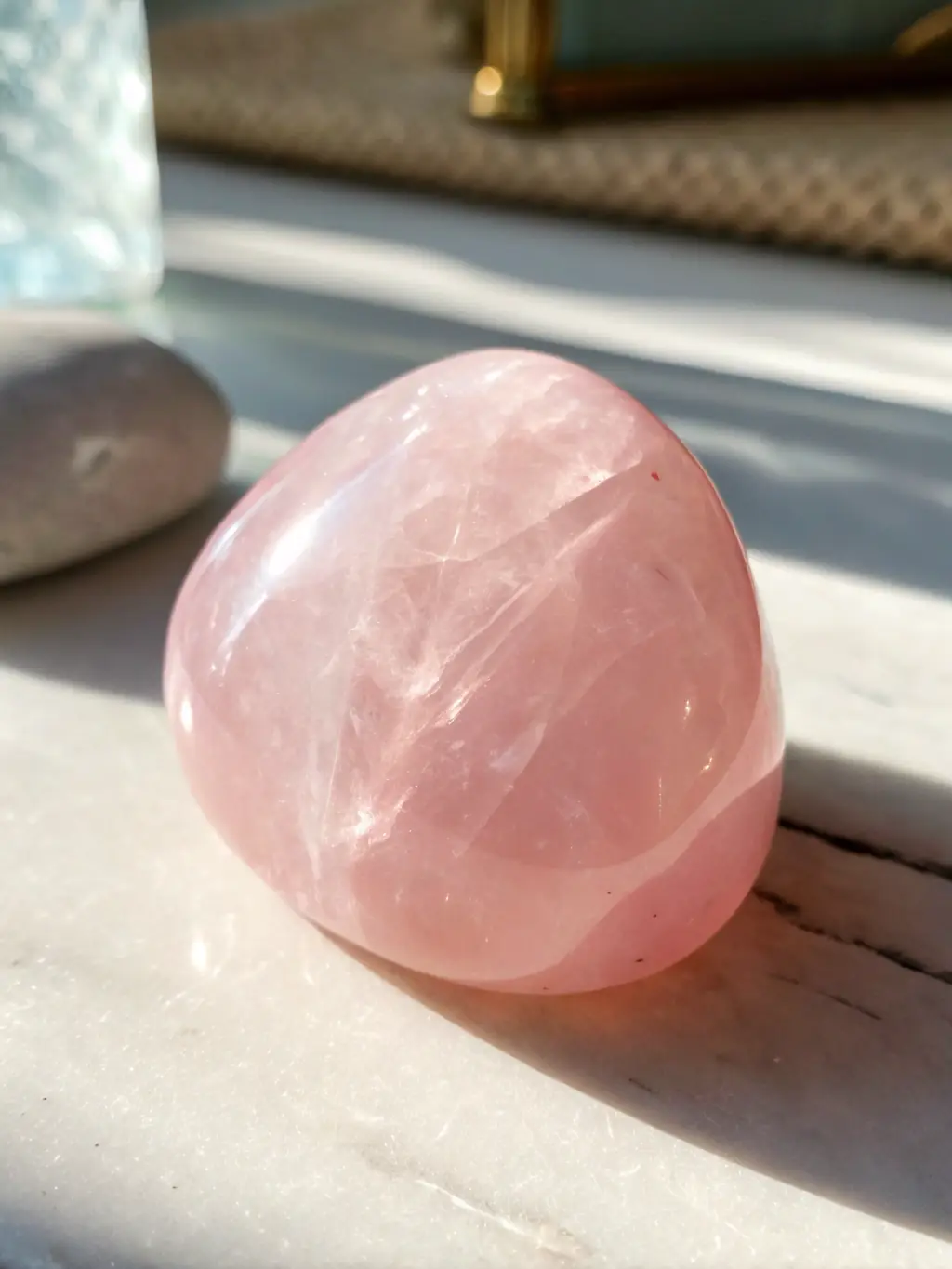 A clear quartz point radiating light, captured with a shallow depth of field to focus on its sharp, pristine edges and the way it refracts light, symbolizing clarity and energy amplification.