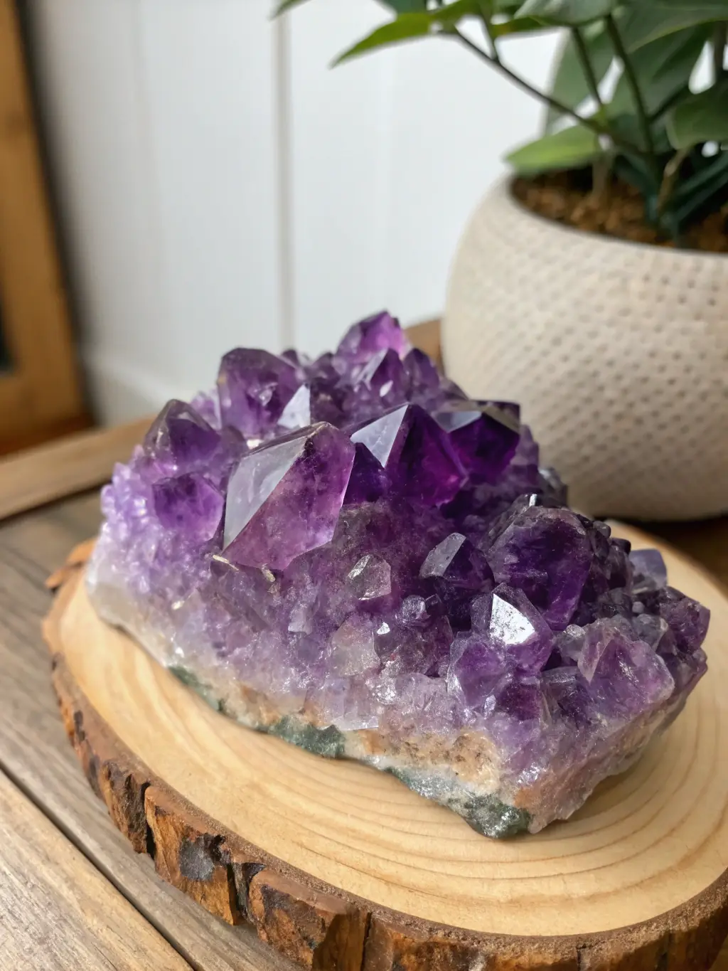 Close-up shot of a vibrant amethyst cluster, showcasing its deep purple hues and intricate crystalline structure, set against a soft, diffused background to highlight its natural beauty and calming energy.