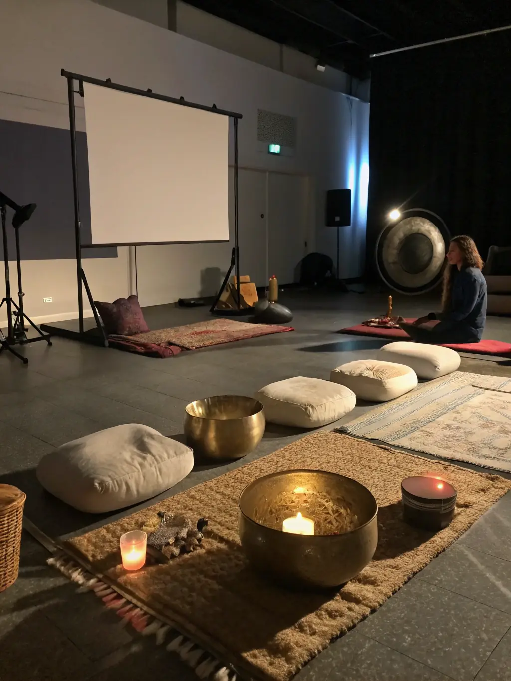 A visually calming image of a sound bath session, featuring crystal bowls and soft lighting, creating a peaceful and immersive atmosphere conducive to relaxation and healing.