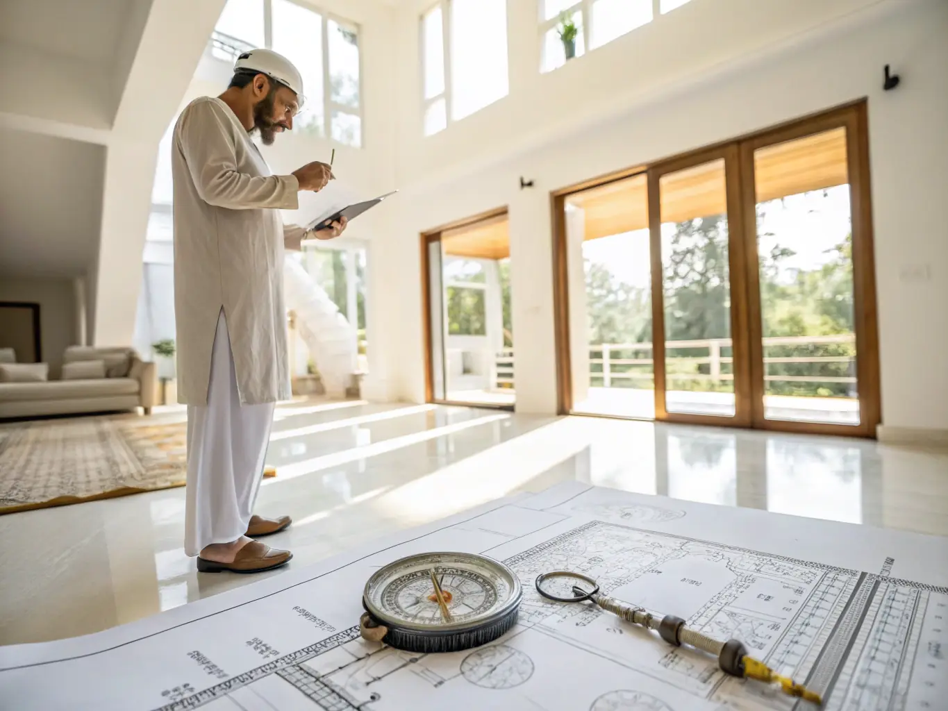 An image showing a Feng Shui compass (Luopan) placed on a house blueprint, illustrating the integration of Feng Shui principles for harmonious living spaces.